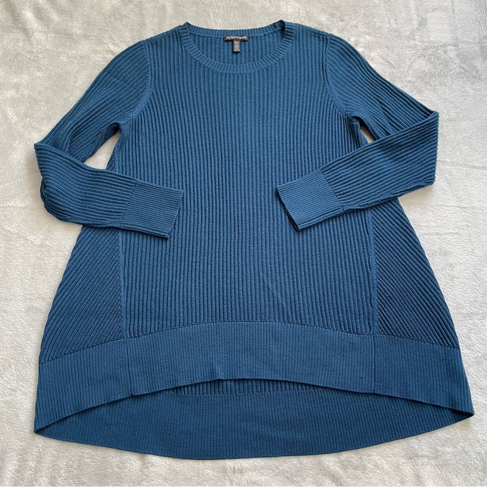 Eileen Fisher Merino Wool Sweater XXS Oversized Tunic Ribbed Blue Hi Low